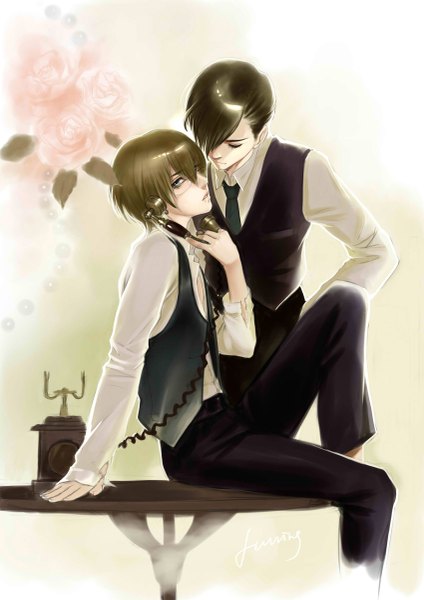 Anime picture 849x1200 with original bobo1983 tall image looking at viewer fringe short hair brown hair standing sitting profile hair over one eye multiple boys grey eyes couple open collar boy uniform flower (flowers) shirt glasses