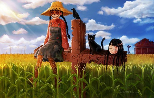 Anime picture 1100x704 with original saccstry long hair fringe black hair red eyes sitting sky cloud (clouds) eyes closed sunlight field crazy bow ribbon (ribbons) hair ribbon hat animal shirt boots