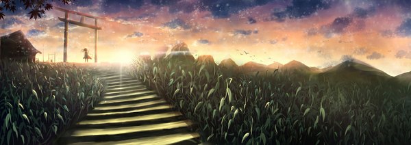 Anime picture 1160x410 with original reki (lichk) long hair wide image sky cloud (clouds) landscape scenic silhouette dress plant (plants) animal bird (birds) building (buildings) star (stars) grass stairs torii