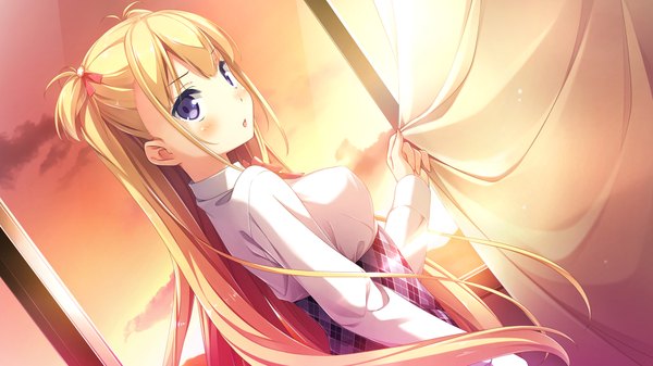 Anime picture 1920x1080 with koi suru kanojo no bukiyou na butai alice third macy kantoku single long hair blush highres breasts open mouth blue eyes wide image looking back two side up evening plaid skirt sunset girl skirt uniform hair ornament