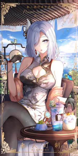 Anime picture 2800x5620 with genshin impact shenhe (genshin impact) gxws single long hair tall image looking at viewer fringe highres breasts open mouth blue eyes light erotic large breasts sitting bare shoulders sky cleavage silver hair cloud (clouds)