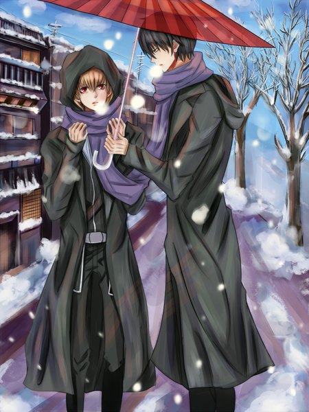 Anime picture 1500x2000 with gintama sunrise (studio) hijikata toshiro okita sougo tagme (artist) tall image looking at viewer short hair black hair red eyes brown hair multiple boys snowing winter snow exhalation shared scarf shared umbrella boy plant (plants)