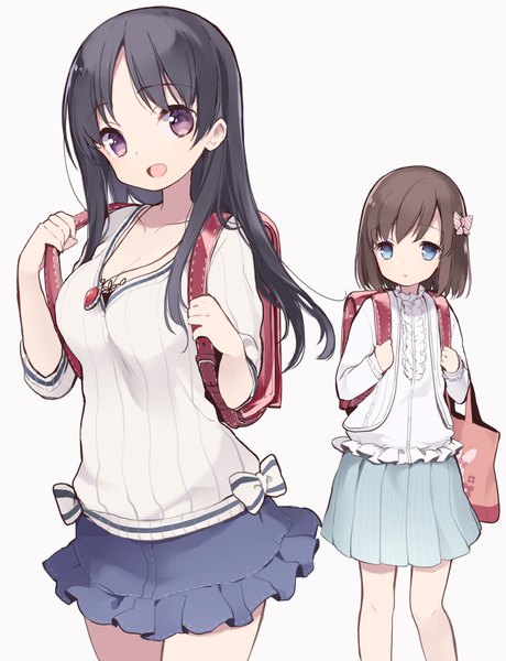 Anime picture 1500x1956 with saki onjouji toki shimizudani ryuuka itsumi (itumiyuo) long hair tall image short hair blue eyes black hair simple background brown hair white background purple eyes multiple girls cleavage pleated skirt girl skirt bow 2 girls