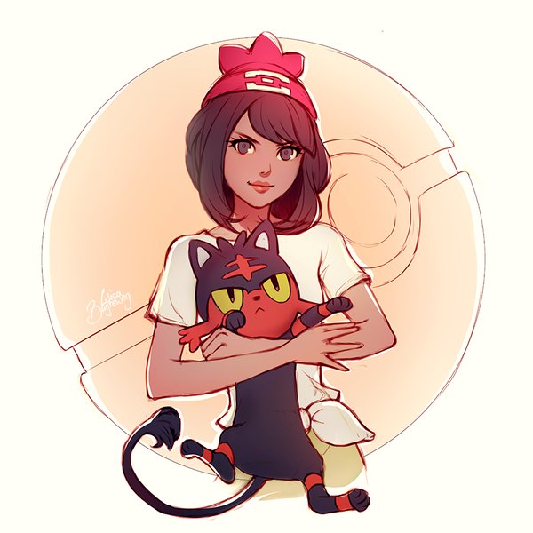 Anime picture 900x900 with pokemon pokemon sm nintendo selene (pokemon) litten zolaida (artist) single looking at viewer fringe short hair black hair white background holding signed black eyes lipstick dark background red lipstick >:) gen 7 pokemon