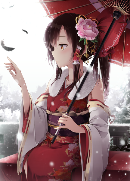 Anime picture 1300x1805 with touhou hakurei reimu toyosaki shu single long hair tall image fringe hair between eyes brown hair sitting brown eyes looking away ponytail traditional clothes japanese clothes arm up wide sleeves fur trim floral print snowing
