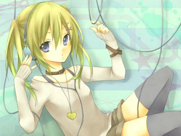 Anime picture 1024x768 with original kuroi (liar-player) single short hair blue eyes green hair girl thighhighs black thighhighs headphones pendant wire (wires)