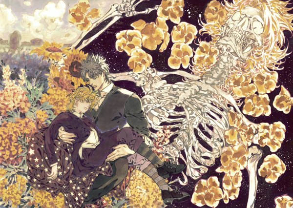 Anime picture 1400x994 with jojo no kimyou na bouken tagme (character) moribayashi eiji short hair black hair blonde hair holding eyes closed multiple boys striped skeleton bone (bones) boy flower (flowers) star (stars) 2 boys suit skull sunflower