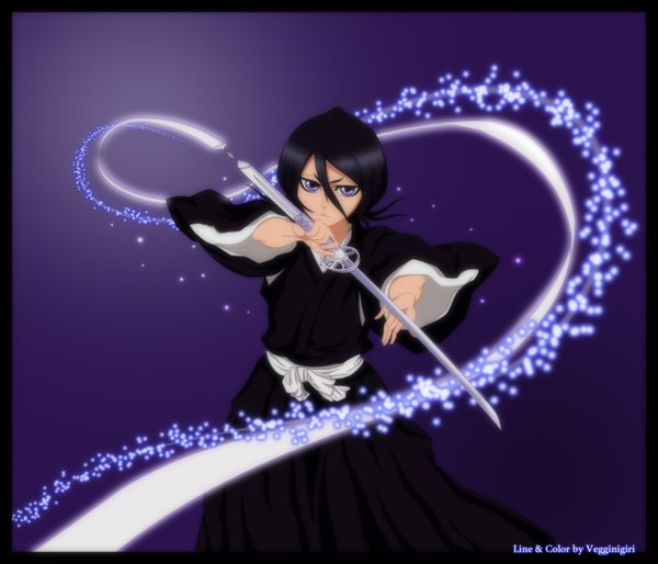 Anime picture 2100x1800 with bleach studio pierrot kuchiki rukia vegginigiri single highres short hair black hair purple eyes japanese clothes coloring magic framed purple background girl weapon sword belt kimono katana