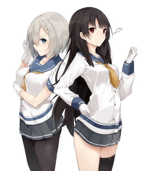 Anime picture 705x821 with kantai collection hamakaze destroyer isokaze destroyer akiha (attract) long hair tall image looking at viewer blush fringe short hair breasts blue eyes black hair simple background red eyes large breasts standing twintails multiple girls silver hair