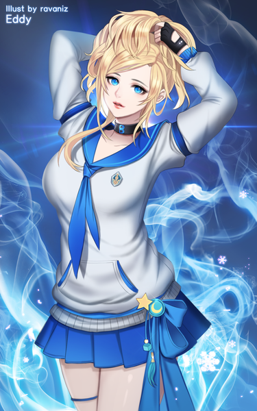 Anime picture 1125x1800 with blade & soul ravaniz single long hair tall image fringe blue eyes blonde hair signed inscription blue background girl skirt gloves miniskirt necktie fingerless gloves star (symbol) snowflake (snowflakes)