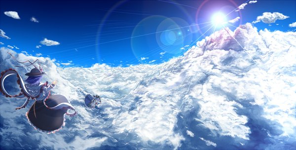 Anime picture 1574x800 with touhou hinanawi tenshi nagae iku shirayuki mutsumi short hair red eyes wide image multiple girls blue hair sky purple hair cloud (clouds) girl dress 2 girls hat frills sun