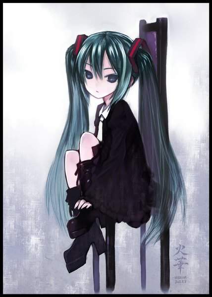 Anime picture 713x1000 with vocaloid hatsune miku capriccio single long hair tall image looking at viewer blue eyes sitting twintails signed aqua hair high heels girl necktie boots chair suit