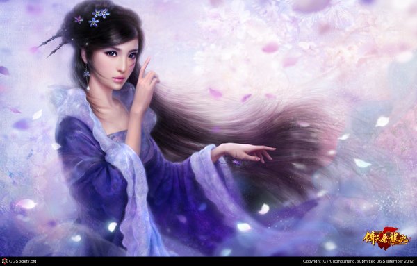 Anime picture 1200x767 with ruoxing zhang (artist) single long hair black hair lips black eyes realistic inscription girl hair ornament flower (flowers) earrings petals