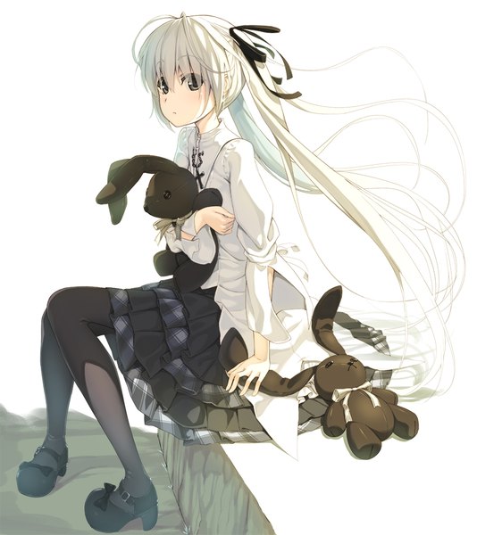 Anime picture 889x1000 with yosuga no sora kasugano sora peragura single tall image looking at viewer blush simple background white background sitting very long hair grey hair arm support grey eyes hair over eyes knees together feet apart girl dress ribbon (ribbons) hair ribbon