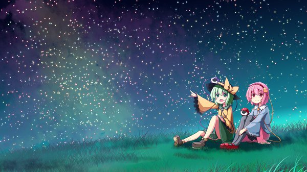 Anime picture 1920x1080 with touhou komeiji koishi komeiji satori ominaeshi (takenoko) highres short hair open mouth smile red eyes wide image sitting multiple girls green eyes pink hair sky full body outdoors :d green hair night