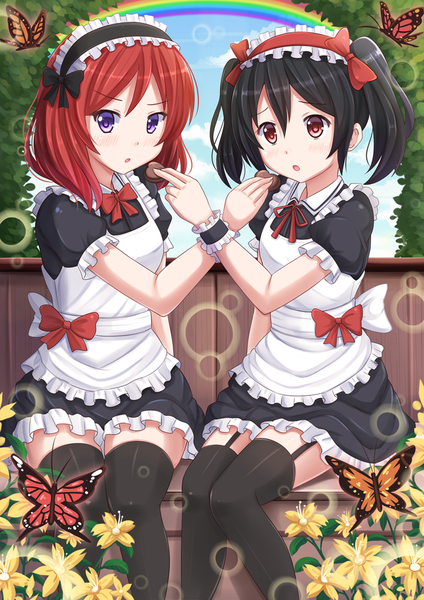 Anime picture 945x1337 with love live! school idol project sunrise (studio) love live! nishikino maki yazawa nico kazenokaze tall image short hair open mouth black hair red eyes purple eyes twintails multiple girls red hair maid girl thighhighs dress uniform