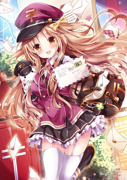 Anime picture 636x900 with original moe2016 nogi takayoshi single long hair tall image looking at viewer blush open mouth brown hair brown eyes girl thighhighs skirt bow hair bow white thighhighs bag flat cap letter