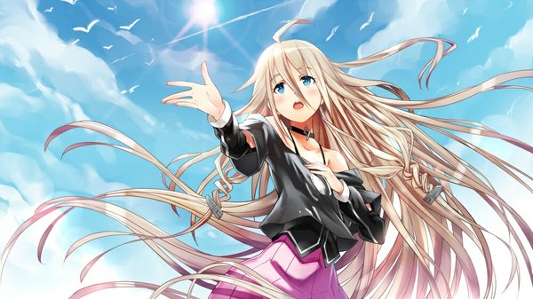 Anime picture 1000x562 with vocaloid ia (vocaloid) gabiran single long hair blush open mouth blue eyes blonde hair wide image ahoge wind from below wallpaper singing girl skirt animal shirt choker