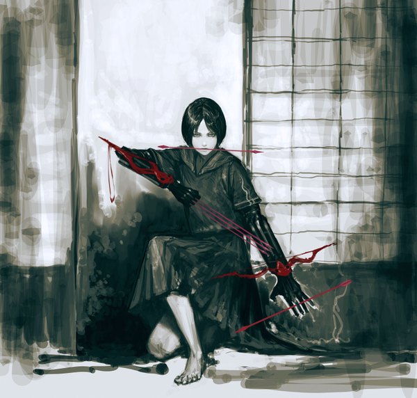 Anime picture 1500x1432 with original ikeda masateru single short hair black hair sitting brown eyes barefoot mouth hold pale skin girl skirt gloves weapon bow (weapon) arrow (arrows)
