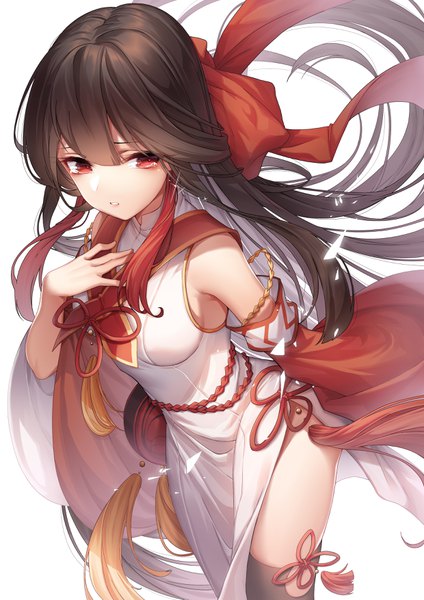 Anime picture 2480x3507 with original de da xianyu single long hair tall image looking at viewer fringe highres breasts light erotic simple background hair between eyes red eyes brown hair standing white background traditional clothes parted lips multicolored hair two-tone hair