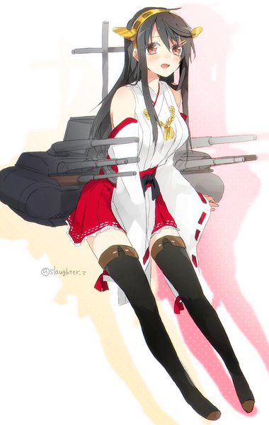 Anime picture 754x1188 with kantai collection haruna battleship sino (sionori) single long hair tall image looking at viewer blush open mouth black hair hair between eyes white background bare shoulders brown eyes signed traditional clothes japanese clothes shadow zettai ryouiki nontraditional miko