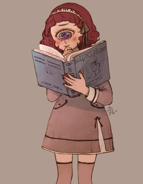 Anime picture 1684x2160 with original svveetberry single tall image brown hair purple eyes holding signed nail polish hand to mouth brown background traditional media reading russian girl thighhighs dress book (books) headband cyclops