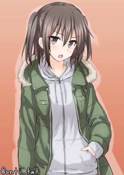 Anime picture 1200x1694 with kantai collection sendai light cruiser himura kiseki single tall image looking at viewer blush fringe short hair open mouth simple background brown hair standing brown eyes signed head tilt open jacket :o two side up alternate costume