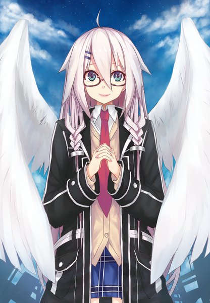 Anime picture 970x1400 with vocaloid ia (vocaloid) echj single long hair tall image looking at viewer fringe blue eyes smile hair between eyes twintails pink hair sky cloud (clouds) ahoge braid (braids) open clothes open jacket lipstick