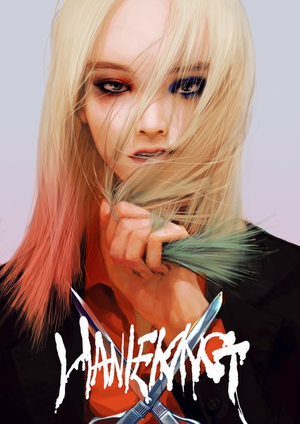 Anime picture 1300x1836 with real life seventeen yoon jeong han rukiana single long hair tall image looking at viewer blonde hair simple background holding parted lips multicolored hair lips realistic grey background grey eyes gradient hair eyeshadow girl