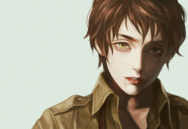 Anime picture 1121x771 with axis powers hetalia studio deen spain (hetalia) fioletovyy single looking at viewer short hair simple background brown hair green eyes parted lips head tilt lips expressionless bleeding nosebleed boy blood