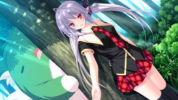 Anime picture 1920x1080 with maikaze no melt suzu (suzukaze no melt) tenmaso long hair highres red eyes wide image twintails game cg white hair pointy ears girl plant (plants) tree (trees) serafuku