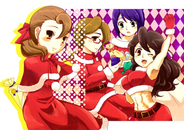 Anime picture 1500x1056 with professor layton katia anderson long hair short hair open mouth black hair brown hair multiple girls purple hair one eye closed wink christmas merry christmas girl gloves glasses 4 girls santa claus costume