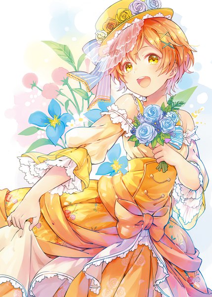 Anime picture 572x800 with love live! school idol project sunrise (studio) love live! hoshizora rin rio.lw single tall image blush fringe short hair open mouth hair between eyes bare shoulders yellow eyes orange hair looking up girl dress flower (flowers) bow