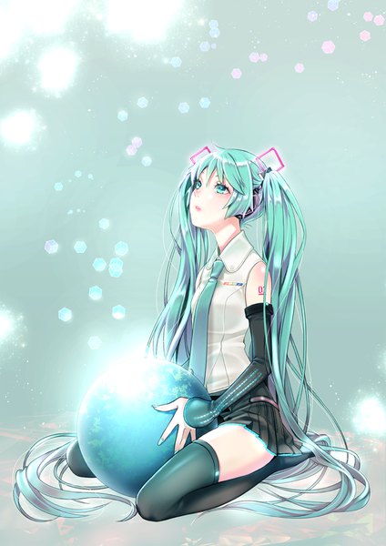 Anime picture 1000x1414 with vocaloid hatsune miku b2urluv single tall image sitting twintails bare shoulders full body very long hair nail polish aqua eyes aqua hair looking up between legs girl detached sleeves necktie headphones