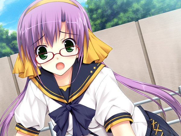 Anime picture 1024x768 with elle prier (game) nasu minori long hair open mouth green eyes game cg purple hair glasses serafuku