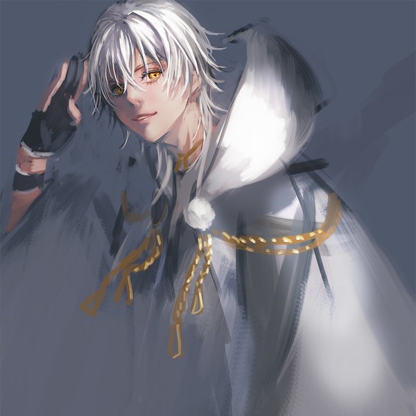 Anime picture 900x900 with touken ranbu nitroplus tsurumaru kuninaga yamakawa umi single long hair looking at viewer fringe simple background hair between eyes yellow eyes upper body white hair traditional clothes parted lips japanese clothes grey background salute boy gloves