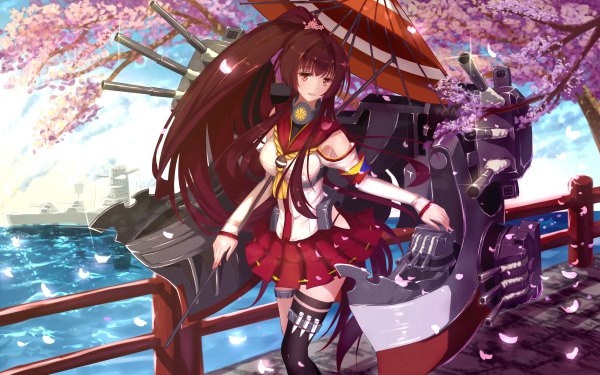 Anime picture 2400x1500 with kantai collection yamato super battleship bakanoe single long hair highres brown hair brown eyes ponytail cherry blossoms kikumon girl thighhighs skirt hair ornament weapon black thighhighs plant (plants) miniskirt petals