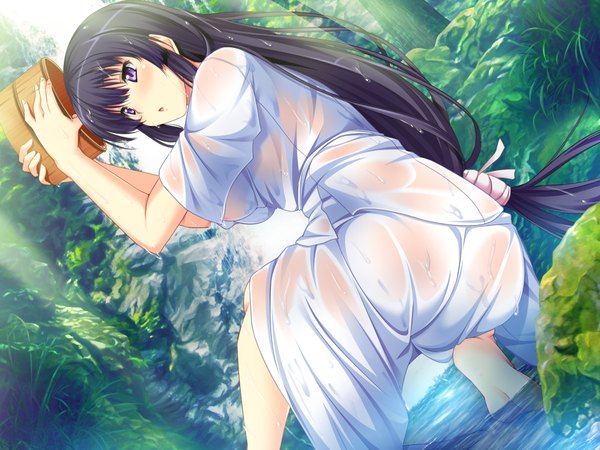 Anime picture 1024x768 with spocon! terashima madoka marushin (denwa0214) long hair blush light erotic black hair purple eyes game cg wet girl water