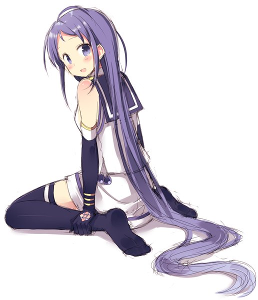 Anime picture 774x900 with kantai collection samidare destroyer kuhotaka single tall image looking at viewer blush open mouth simple background white background sitting purple eyes bare shoulders purple hair full body ahoge very long hair looking back no shoes zettai ryouiki