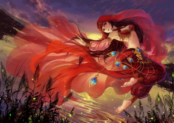 Anime picture 1811x1280 with original huazha01 single long hair highres black hair red eyes sky cloud (clouds) traditional clothes barefoot evening sunset girl detached sleeves