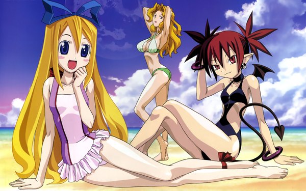 Anime picture 1680x1050 with disgaea etna (disgaea) flonne jennifer (disgaea) wide image beach swimsuit