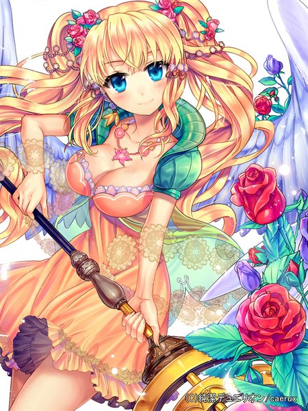 Anime picture 600x800 with junketsu duelion ells (ellsat) single long hair tall image blush breasts blue eyes simple background blonde hair smile white background twintails hair flower girl dress hair ornament flower (flowers) earrings frills