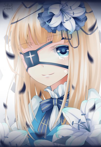 Anime picture 2031x2952 with stari single long hair tall image highres blue eyes blonde hair tears girl flower (flowers) petals eyepatch