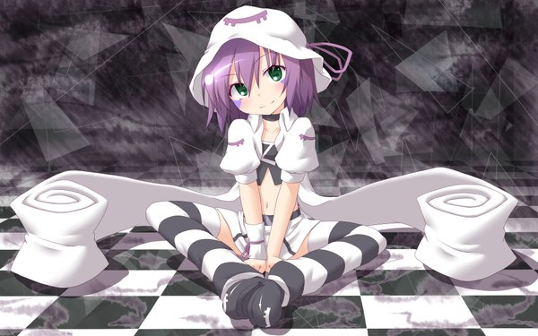Anime picture 1920x1200 with yumekui merry merry nightmare single highres short hair smile wide image sitting green eyes purple hair midriff tattoo checkered floor indian style girl thighhighs hat choker striped thighhighs