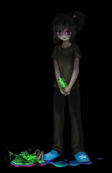 Anime picture 1200x1840 with yukaman single tall image short hair simple background brown hair purple eyes tail black background girl frog