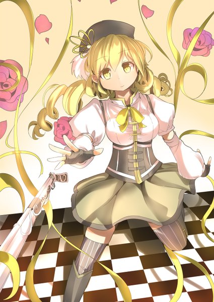 Anime picture 1024x1446 with mahou shoujo madoka magica shaft (studio) tomoe mami single long hair tall image blonde hair yellow eyes light smile drill hair checkered floor girl flower (flowers) weapon gun beret rifle musket