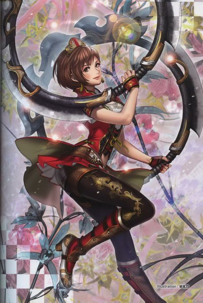 Anime picture 1152x1724 with shin sangoku musou sun shang xiang midori foo single tall image looking at viewer blush fringe brown eyes bent knee (knees) scan official art alternate costume arched back checkered checkered background girl skirt gloves weapon