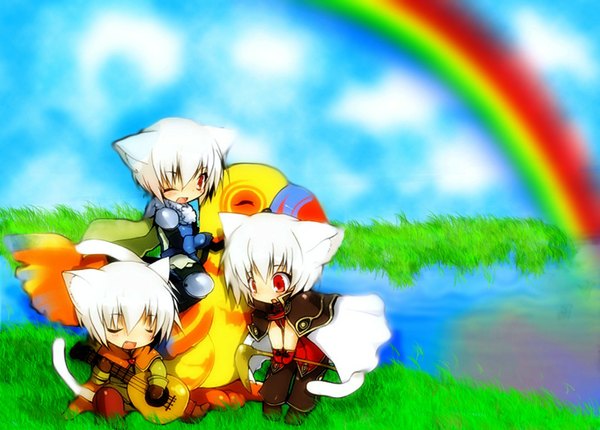 Anime picture 1024x735 with tagme (artist) short hair open mouth red eyes animal ears cloud (clouds) white hair eyes closed one eye closed wink plant (plants) grass guitar scythe rainbow