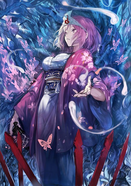 Anime picture 1000x1414 with touhou saigyouji yuyuko ran (pixiv2957827) single tall image fringe short hair breasts purple eyes holding looking away purple hair traditional clothes parted lips japanese clothes arm up wide sleeves from below floral print girl