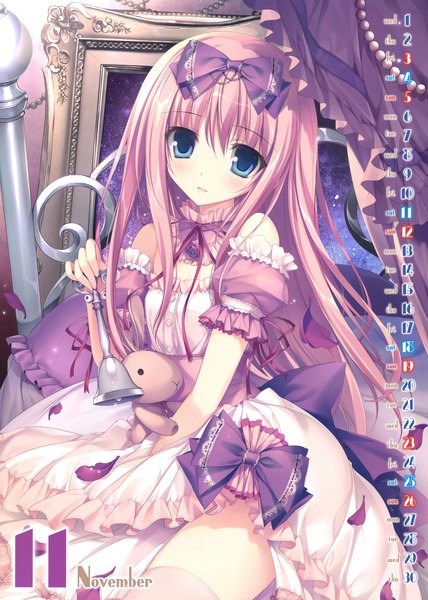 Anime picture 4993x7000 with original karory single long hair tall image looking at viewer blush highres blue eyes pink hair absurdres loli calendar 2017 girl dress bow hair bow petals frills toy